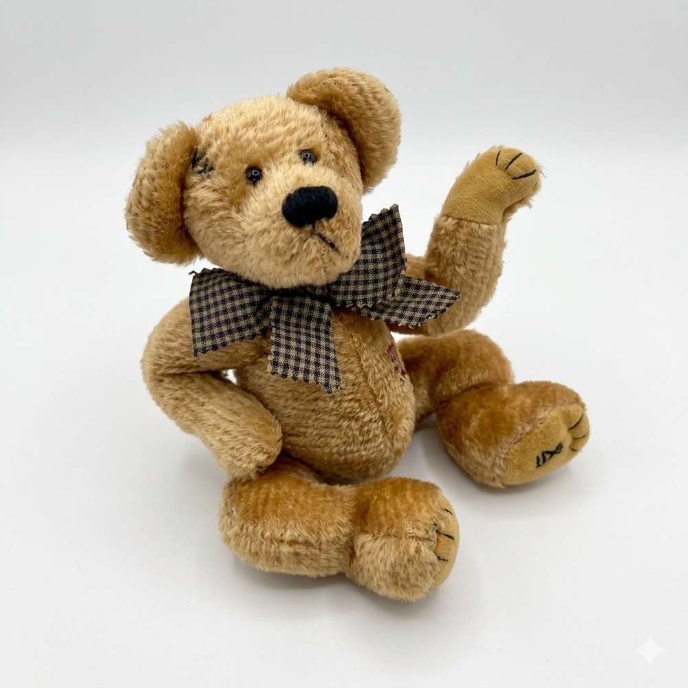 Boyds Bears Jointed Tan Teddy Bear Plush Checkered Bow Vintage Collectible Toy